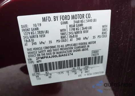 2020 Ford Edge Sel из США, поврежденный, VIN 2FMPK4J90LBA02374